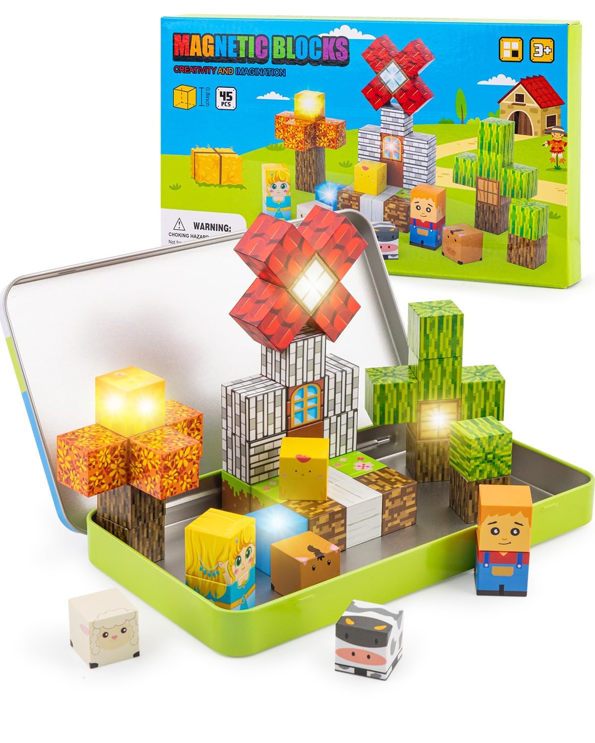 Qrooper Magnetic Blocks 45 pcs Travel Toys with Light-Up Cube, Birth