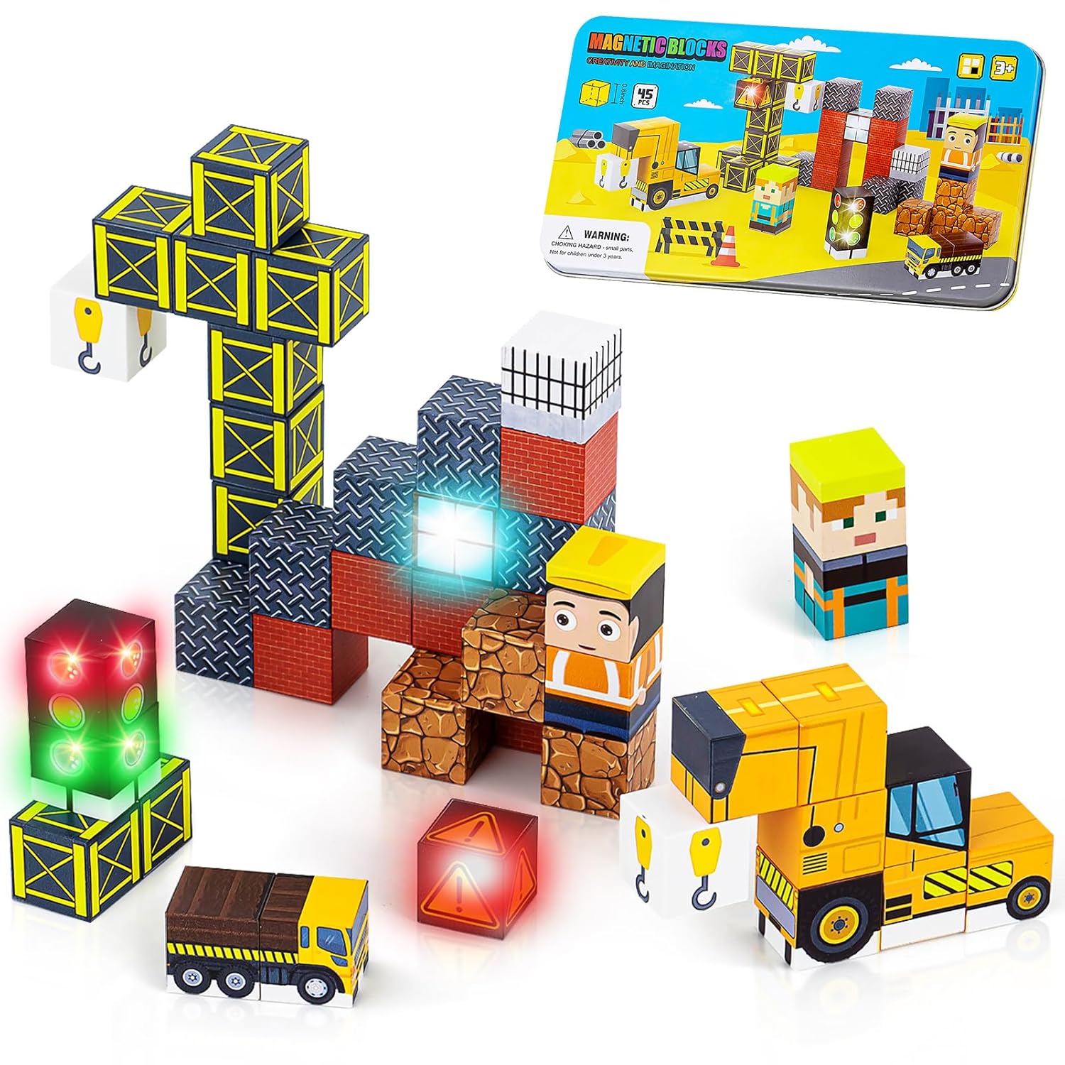 Qrooper Magnetic Blocks 45 pcs Travel Toys with Light-Up Cube, Magne